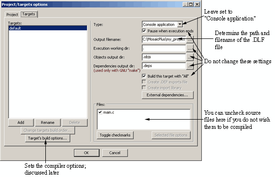 target_options.png, Software Project, Bundle of Settings and References to Source Code Files and Resources, Projects Control IDE Build Process, Workspace is Collection of Software Projects