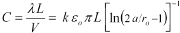 Equation for capacitance of wire electrodes, capacitance of parallel cylinders, inter-electrode capacitance of a two electrode conductivity cell