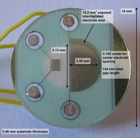 sensor-dims.jpg, Interdigitated Electrodes Conductivity Cell, Sensor Cell Constant, Fluid Conductivity &amp; Conductance
