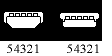 Five position USB Mini-A (left) and Mini-B (right) plugs showing pin numbers (not to scale)