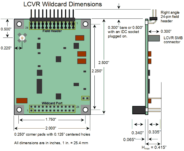 lcvr-controller-dimensions.png, OEM LCVR Board Dimensions and Connector Placement