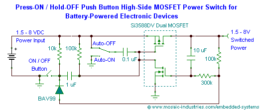 battery-operated-high-side-latching-mosfet-power-switch.png, Battery-operated Low-voltage Push-button ON/OFF MOSFET High-side Toggle Power Switch