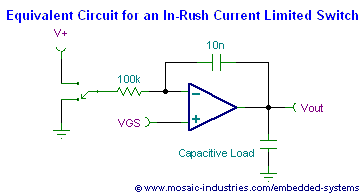 equivalent-circuit-in-rush-current-limited-switch-circuit.png, In-rush Current Limited High Side MOSFET Switch, Soft-start Power Bus Switch Circuit