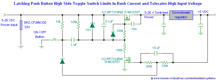 Schematic of an in-rush current limited ON/OFF toggle switch circuit controls higher voltage and uses a Zener diode protected high-side MOSFET