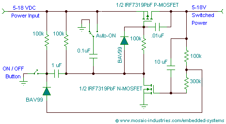 Circuit schematic of an in-rush current limited ON/OFF toggle MOSFET high-side switch