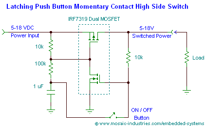 latching-high-side-push-on-push-off-toggle-switch-circuit.png, Push Button ON-OFF Soft Latch Circuits, Battery Powered Touch Toggle ON OFF Switch, Momentary Button MOSFET Power Switch for Microcontrollers