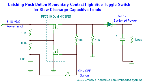latching-high-side-toggle-switch-circuit-for-capacitive-loads.png, Push Button ON-OFF Soft Latch Circuits, Battery Powered Touch Toggle ON OFF Switch, Momentary Button MOSFET Power Switch for Microcontrollers