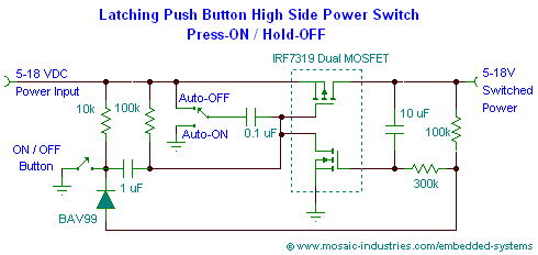 latching-high-side-toggle-switch-circuit-press-on-hold-off.png, Push Button ON-OFF Soft Latch Circuits, Battery Powered Touch Toggle ON OFF Switch, Momentary Button MOSFET Power Switch for Microcontrollers