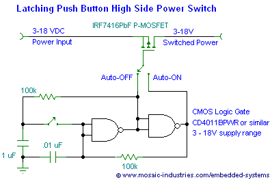 latching-press-on-press-off-high-side-switch-circuit.png, Push Button ON-OFF Soft Latch Circuits, Battery Powered Touch Toggle ON OFF Switch, Momentary Button MOSFET Power Switch for Microcontrollers