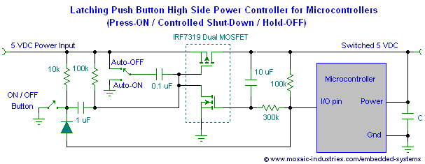 Latching push button on off power switch circuit schematic for a microcontroller uses a P-channel MOSFET switch, Raspberry Pi ON/OFF switch
