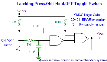 Circuit schematic of a dual NAND gate latch that turns ON with a button press and OFF with a longer button hold.
