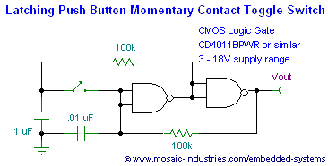 nand-gate-latching-press-on-press-off-logic-toggle-switch-circuit.png, Push Button ON-OFF Soft Latch Circuits, Battery Powered Touch Toggle ON OFF Switch, Momentary Button MOSFET Power Switch for Microcontrollers