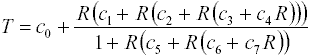 Computing temperature from sensor resistance using a rational polynomial function.