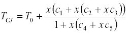 Equation computes thermocouple cold junction temperature from a thermistor measurement using a rational polynomial function