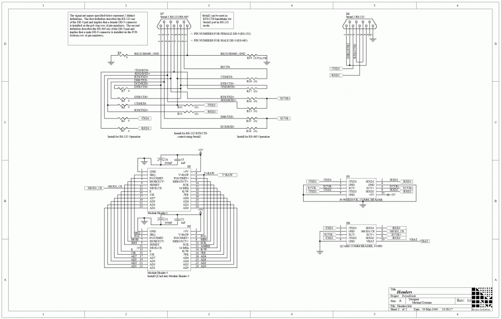 02-headers.png, Electronic Hardware Schematics for QCard Controller Starter Kit, 68HC11 Processor, RAM and Flash Memory, Digital IO, and ATD Converter, Power Conditioning, Power Switch, Power Jack, and DB-9 Serial Connectors
