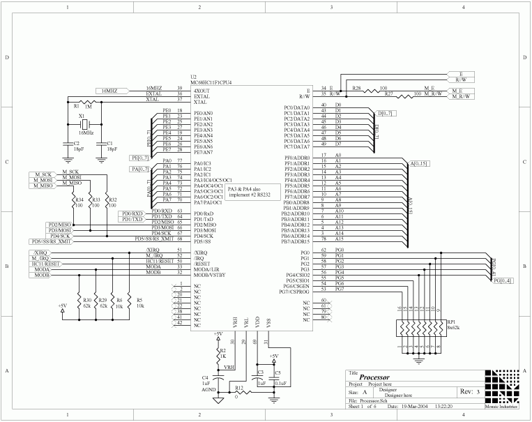01-processor.png, Electronic Hardware Schematics for QCard Controller Starter Kit, 68HC11 Processor, RAM and Flash Memory, Digital IO, and ATD Converter, Power Conditioning, Power Switch, Power Jack, and DB-9 Serial Connectors