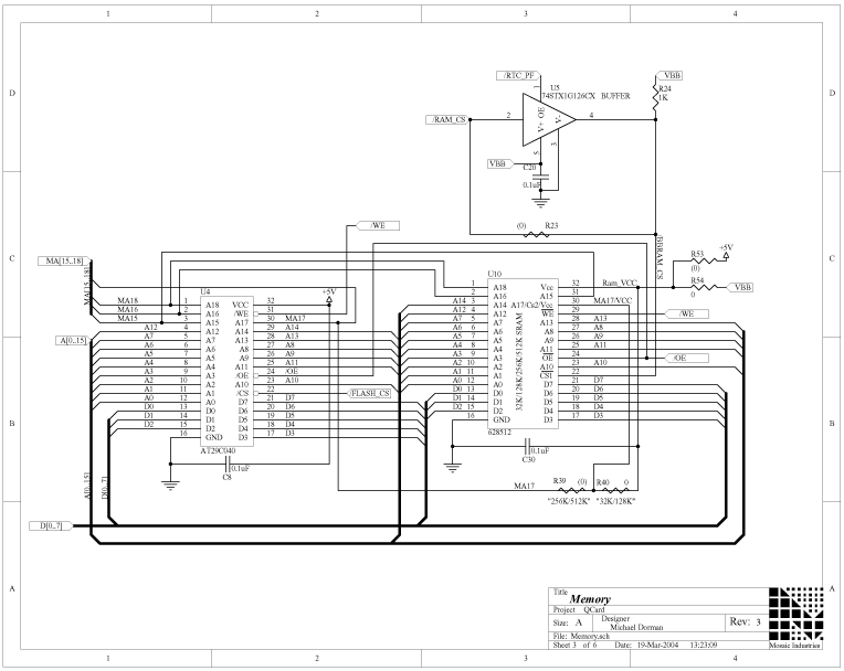 03-memory.png, Electronic Hardware Schematics for QCard Controller Starter Kit, 68HC11 Processor, RAM and Flash Memory, Digital IO, and ATD Converter, Power Conditioning, Power Switch, Power Jack, and DB-9 Serial Connectors