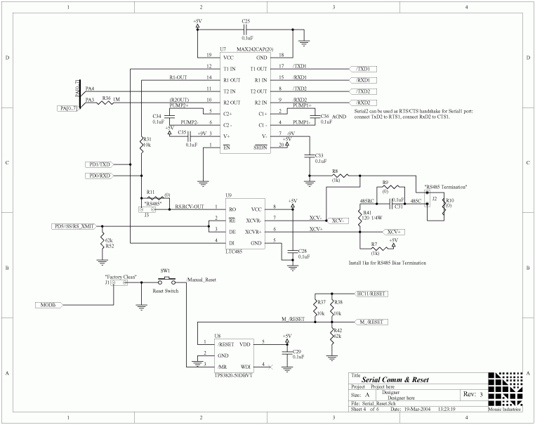 04-serial_reset.png, Electronic Hardware Schematics for QCard Controller Starter Kit, 68HC11 Processor, RAM and Flash Memory, Digital IO, and ATD Converter, Power Conditioning, Power Switch, Power Jack, and DB-9 Serial Connectors
