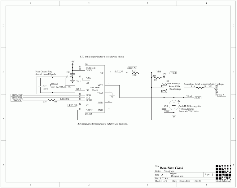 05-rtc.png, Electronic Hardware Schematics for QCard Controller Starter Kit, 68HC11 Processor, RAM and Flash Memory, Digital IO, and ATD Converter, Power Conditioning, Power Switch, Power Jack, and DB-9 Serial Connectors